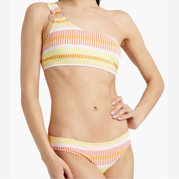 Solid & Striped One Shoulder Bikini Top & Bottoms Size M - Picture 1 of 4